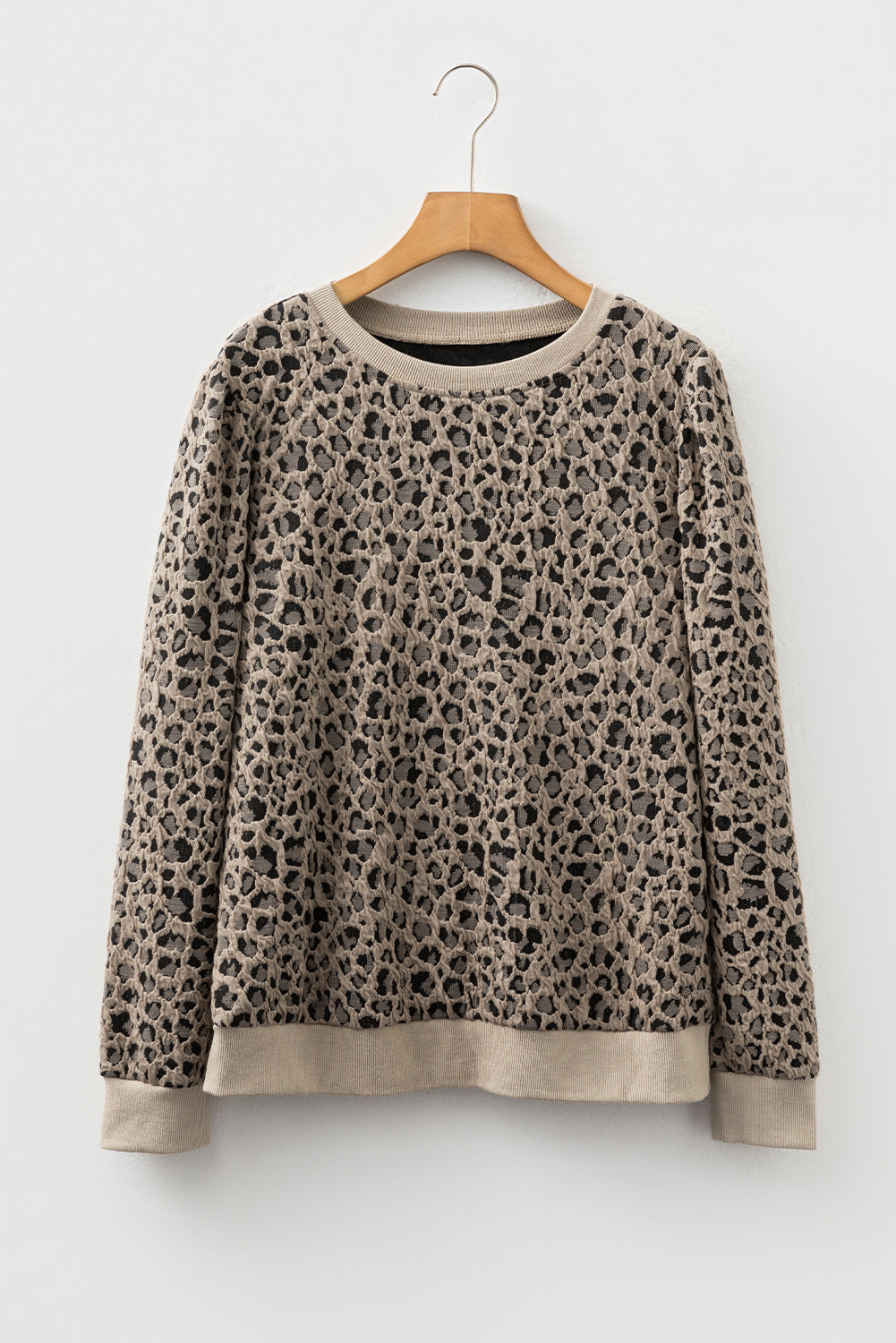 Khaki Ribbed Trim Leopard Print Long Sleeve Top
