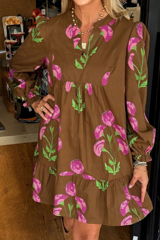 Brown Contrast Floral Print Babydoll Tunic Ruffled Hem Puff Sleeve Dress