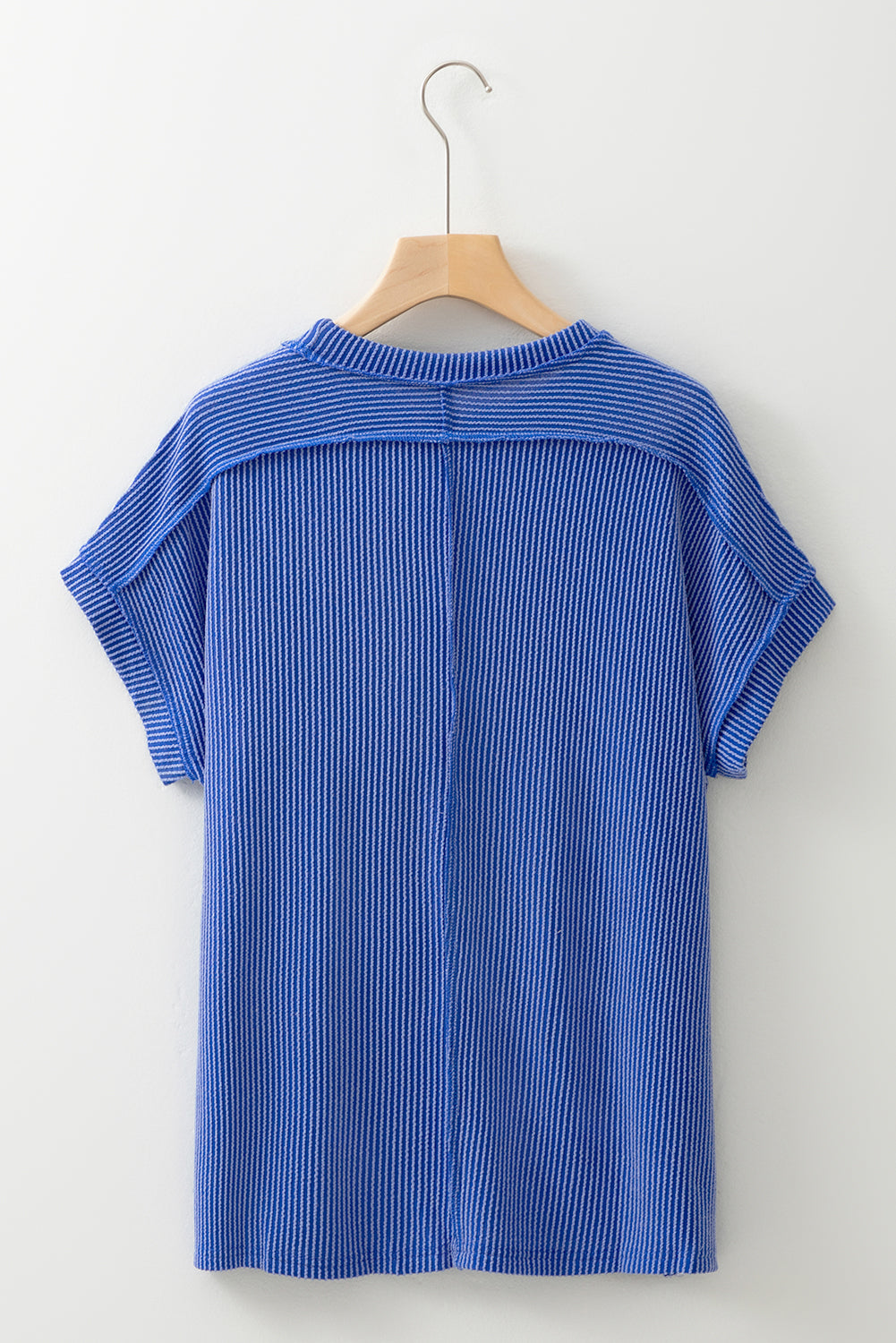 Dark Blue Textured Knit Exposed Stitching T-shirt