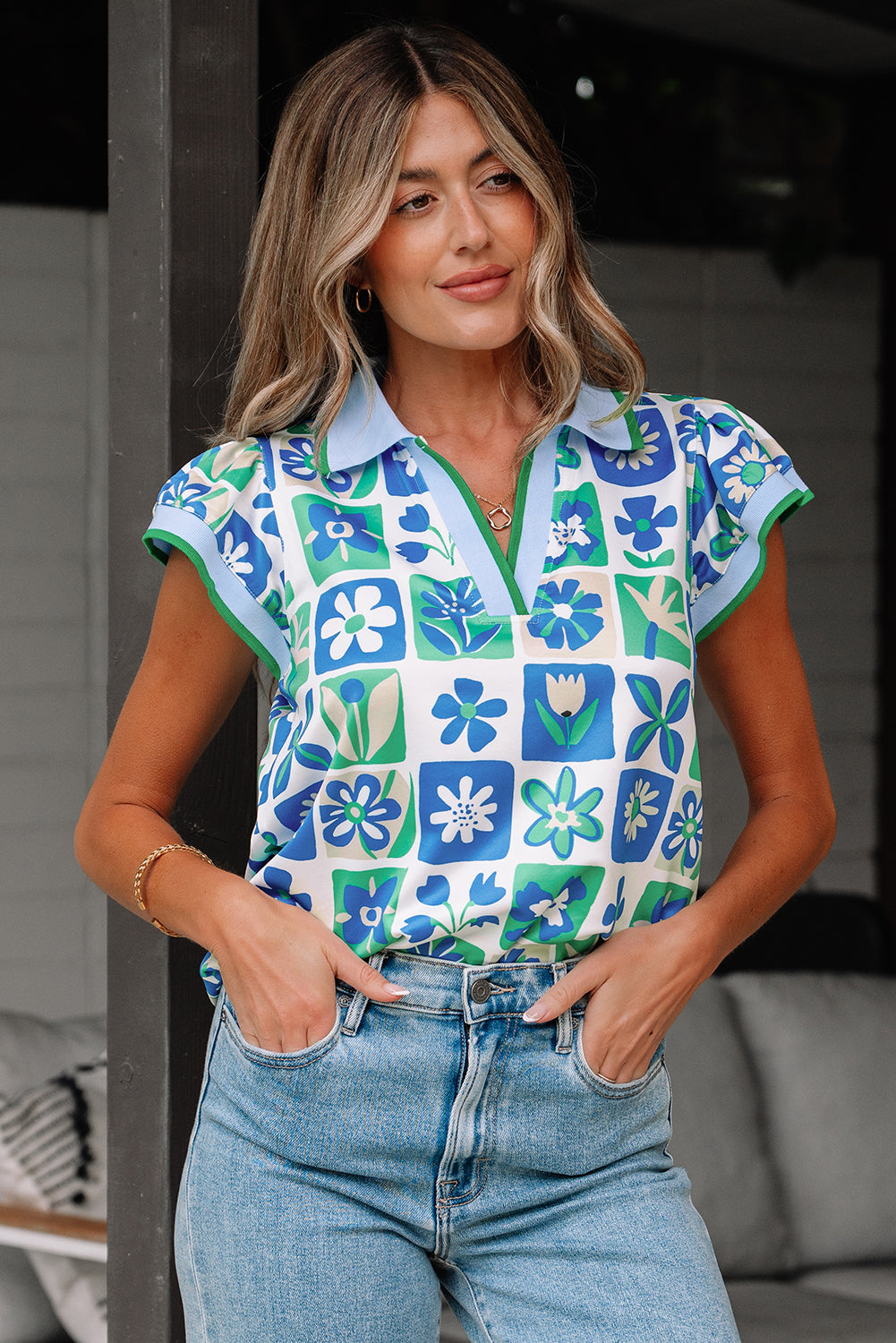 Green Floral Plaid Colorblock Trim Collar Flutter Sleeve Blouse