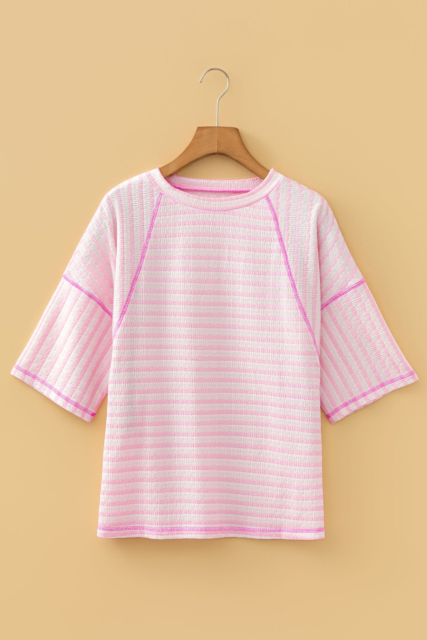 Pink Stripe Textured Knit Split Hem Half Sleeve Loose Top