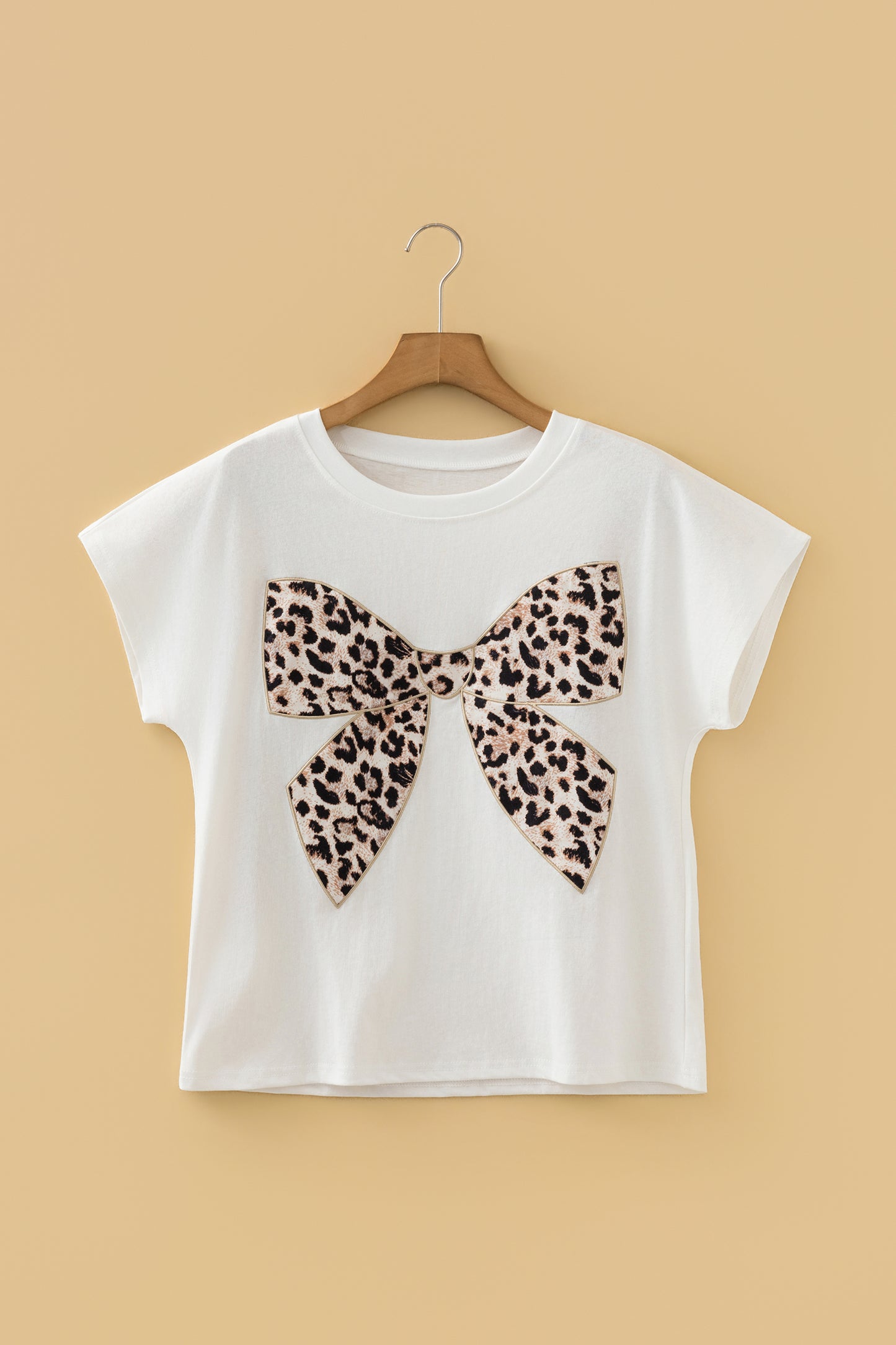 White Leopard Bow Embroidered Cotton Round Neck T Shirt