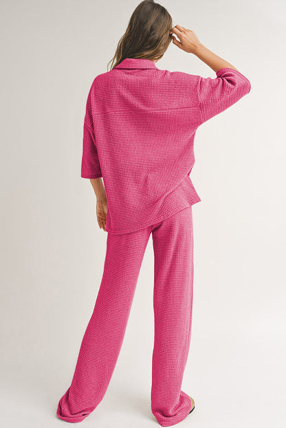 Black Solid Color Textured Buttoned Shirt and Casual Pants Set