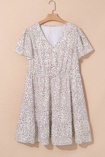 White Floral V Neck Ruffled Short Sleeve Plus Size Dress