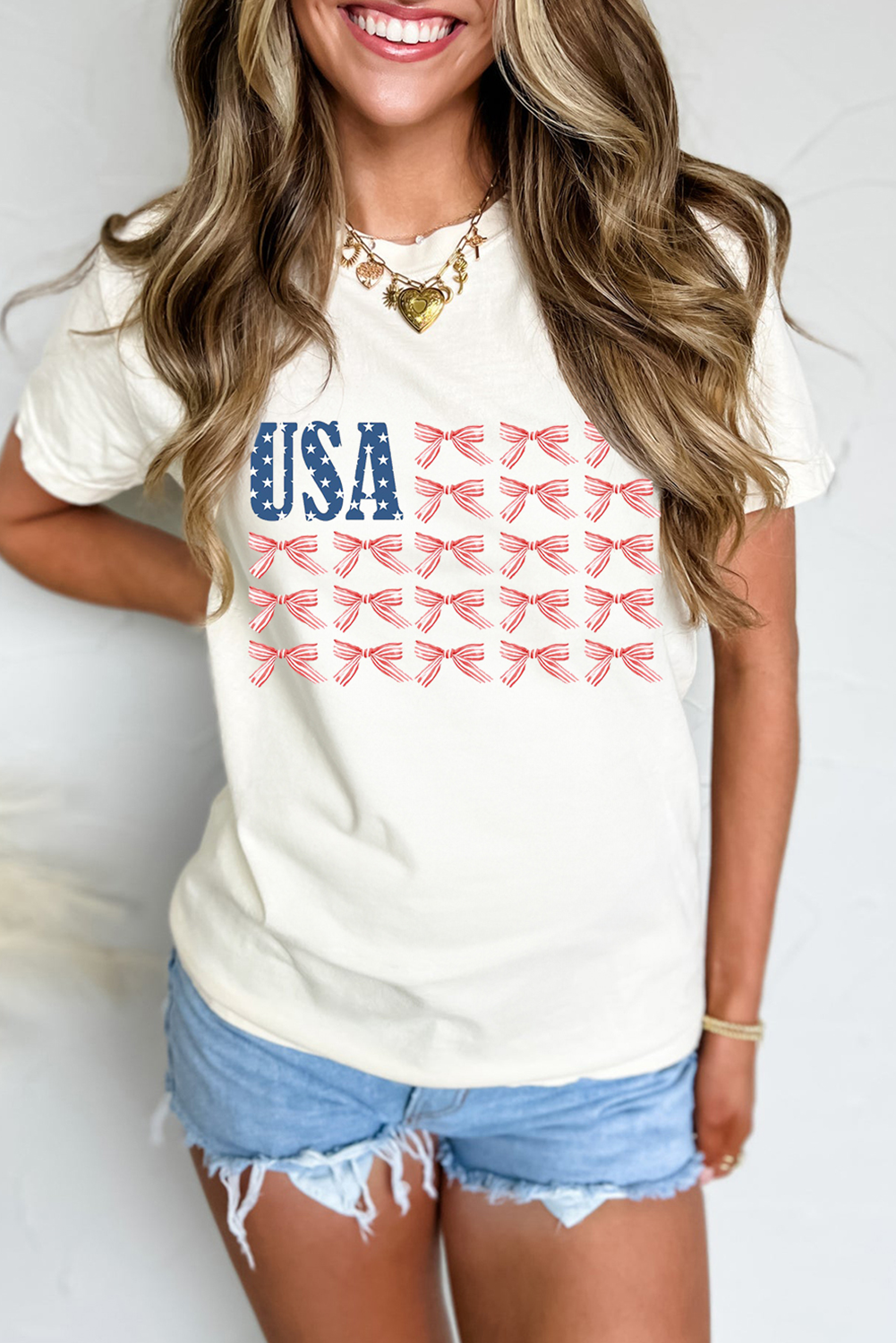 White USA Flag Bow Knot Print Round Neck T Shirt
