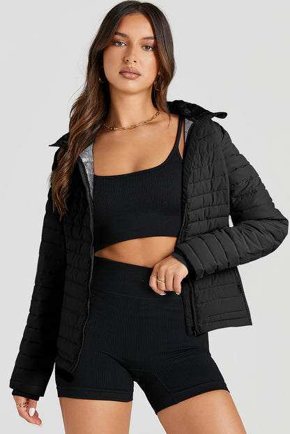 Silvery Solid Color Quilted Zip-up Puffer Jacket