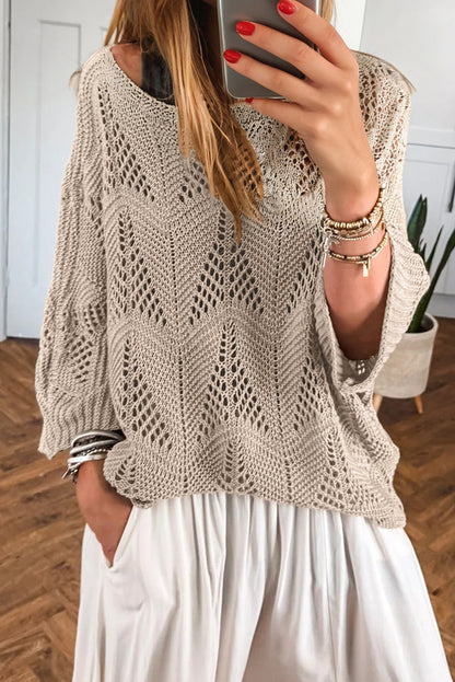 Seagrass Hollow Out Knit 7/8 Sleeve Casual Sweater