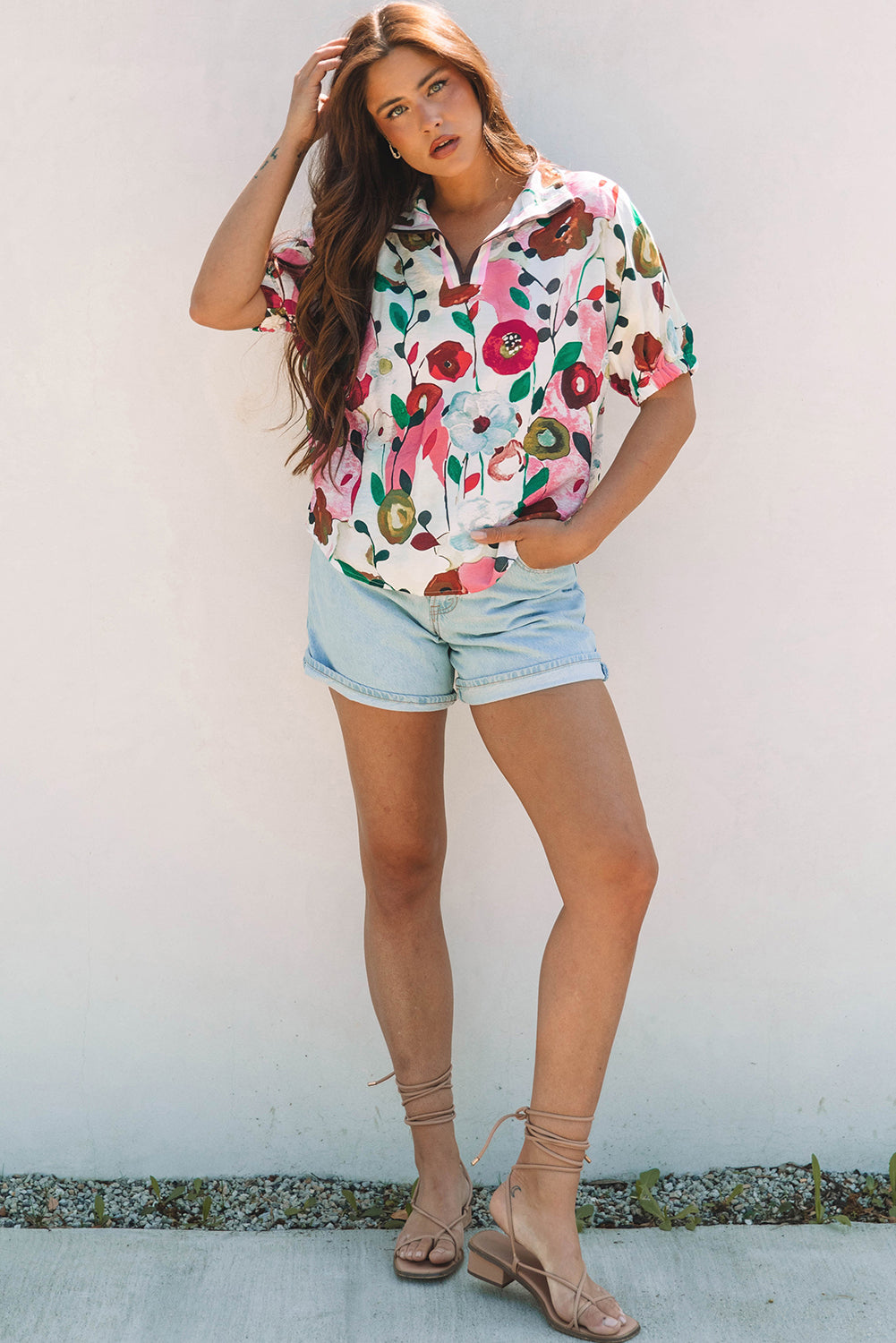 Pink Floral Print Slit V Neck Short Sleeve Blouse