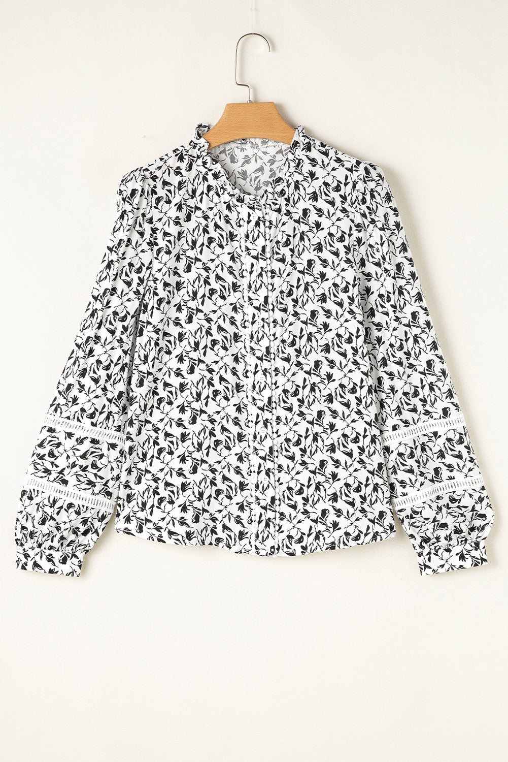 Black Printed Lace Detail Floral Puff Sleeve Fall Shirt
