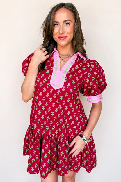 Red Floral Print Contrasted V Neck Short Bubble Sleeve Mini Dress