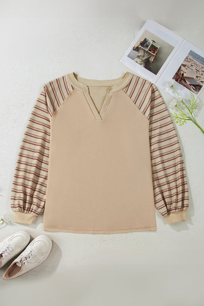 Parchment Striped Raglan Sleeve Notched Neck Raw Edge Plus Size Jumper