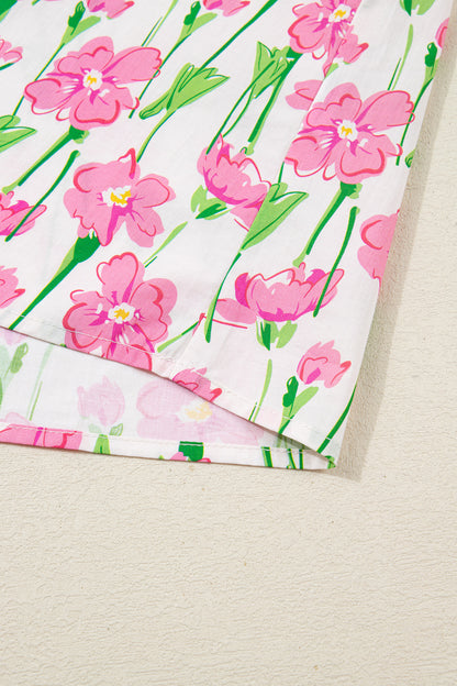 Red Floral Print Contrast Trim V Neck Double Ruffled Short Sleeve Blouse