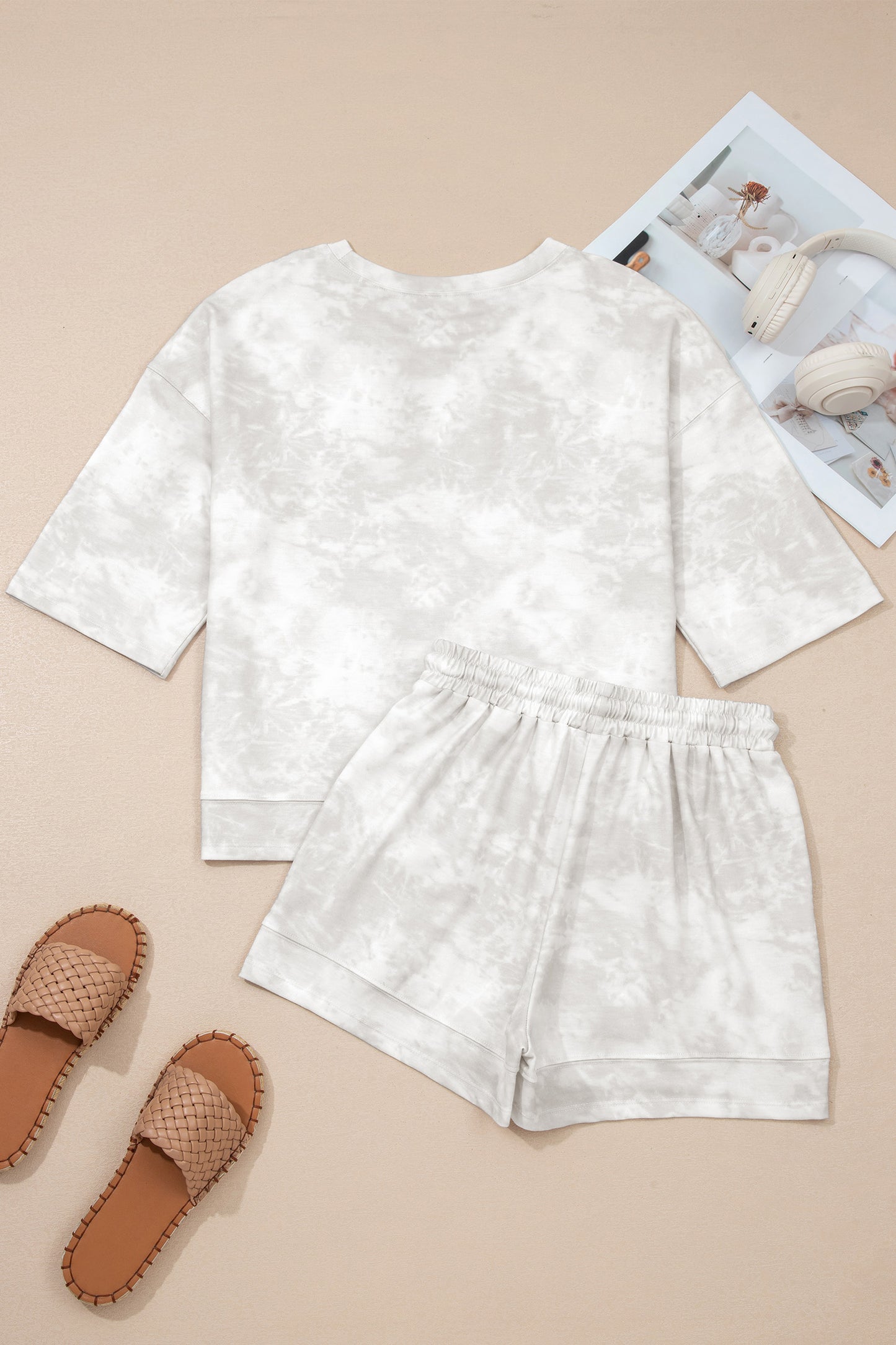 Beige Vintage Tie Dye Bracelet Sleeve Drawstring Elastic Waist 2pcs Short Set