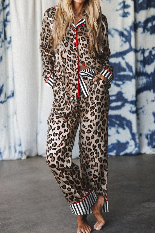 Khaki Leopard Print Colorblock Striped Edge Shirt and Pants Pajama Set