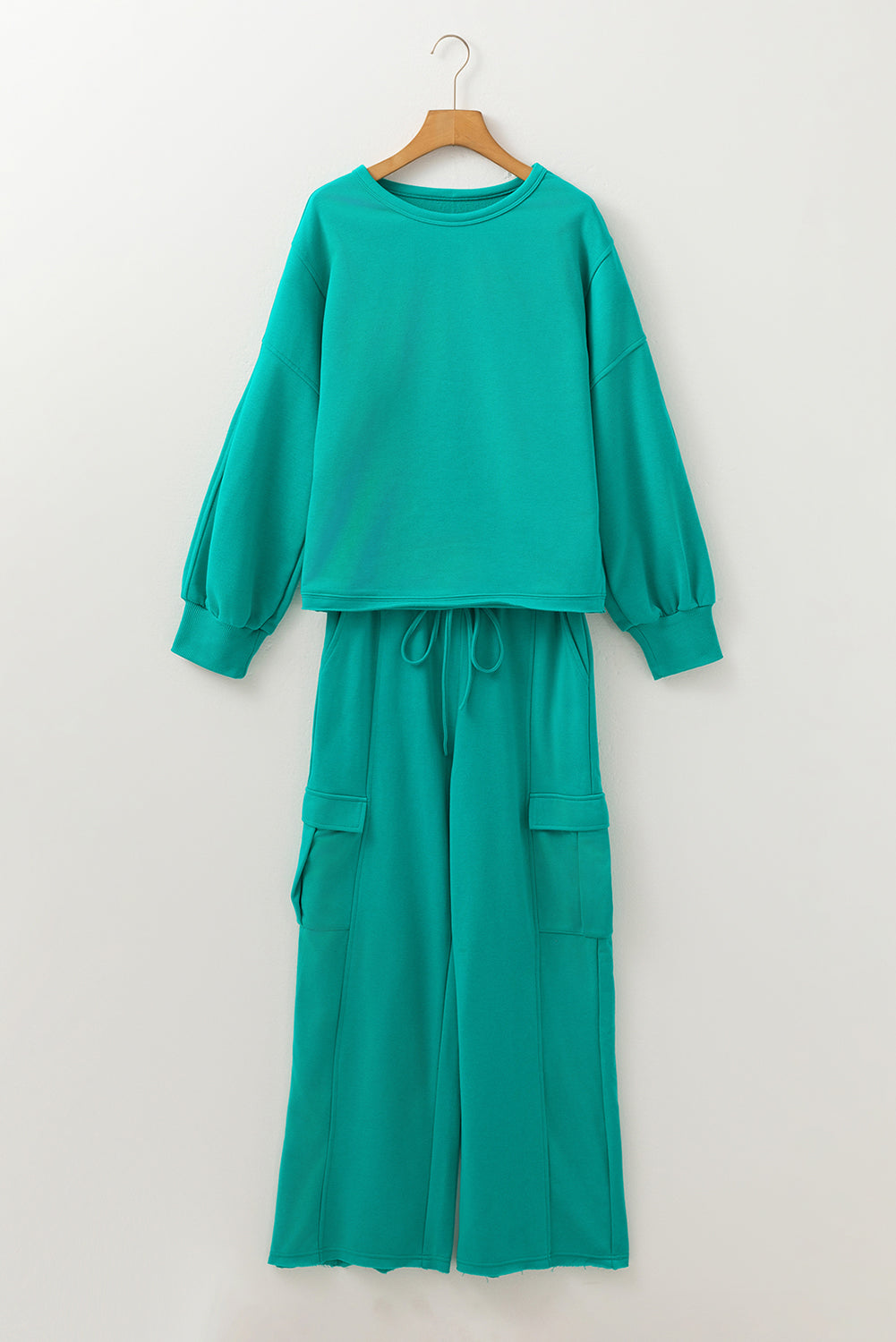 Solid Color Pullover Top and Cargo Pants Set