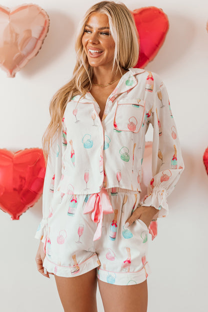 Light Pink Christmas Wine Glass Print Bow Knot Two Piece Pajama Set