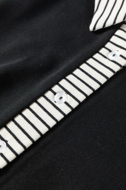 Black Plus Size Striped Cuffs Polo Collar Patchwork Long Sleeve Ruffle Hem Dress