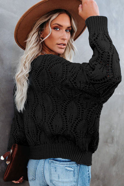 Apricot Crochet Knit Ribbed Hem Hollow-out Sweater