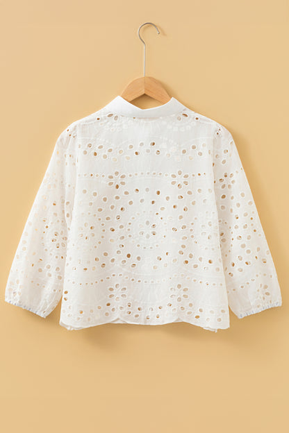 White Eyelet Embroidered Puff Sleeve Crop Shirt