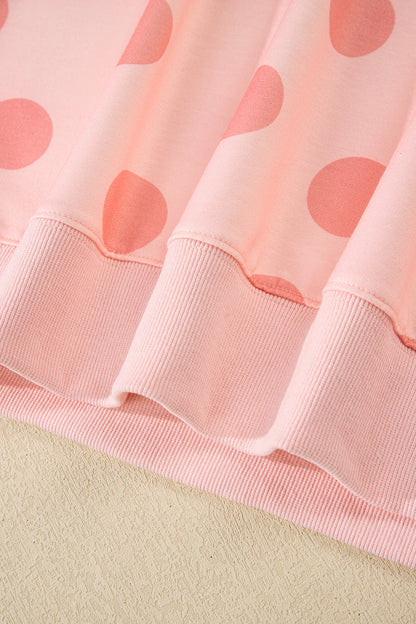 Beige Polka Dot Print Drop Shoulder Pullover Drawstring Shorts Set