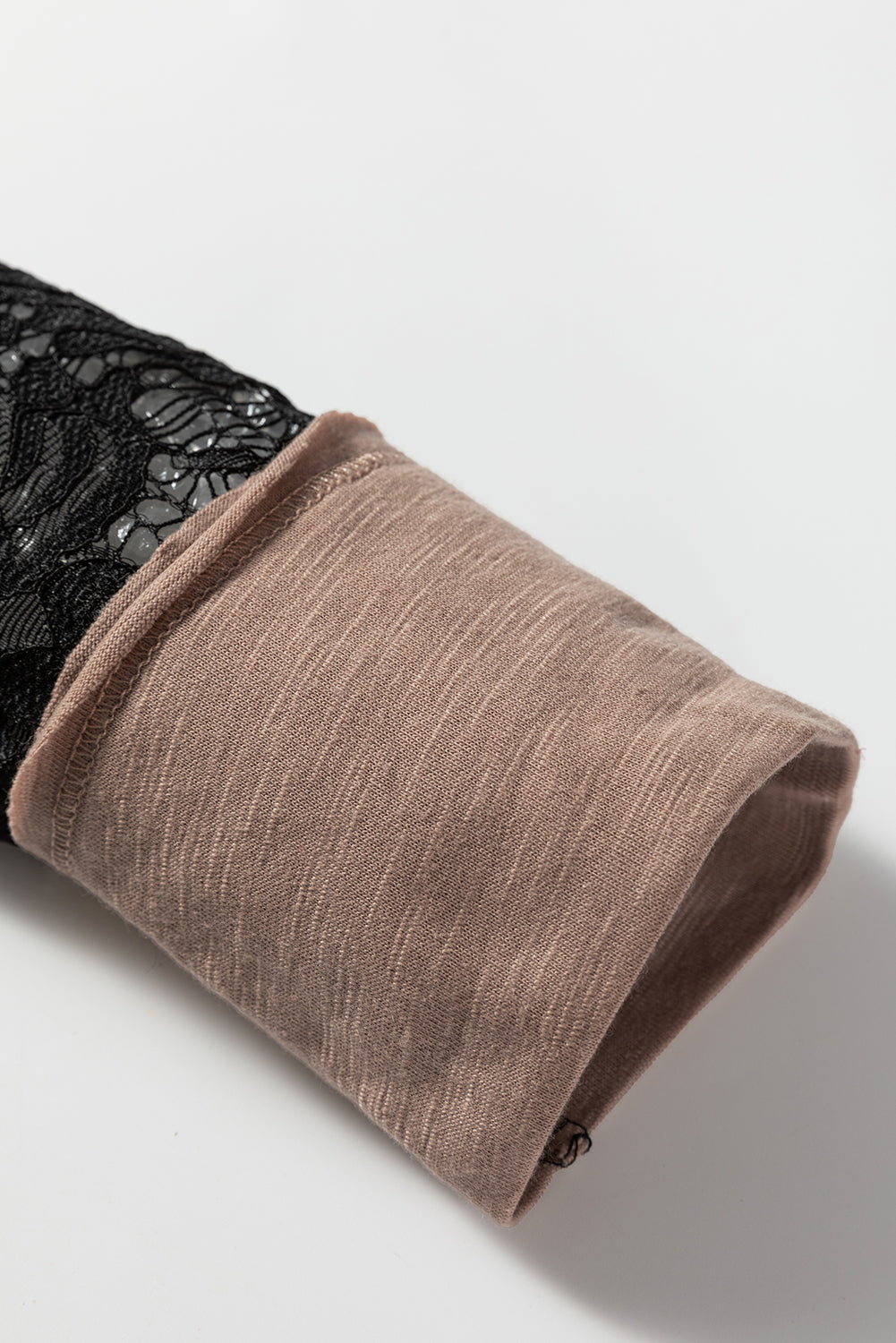 Light French Beige Sheer Lace Patchwork Casual Long Sleeve Tee