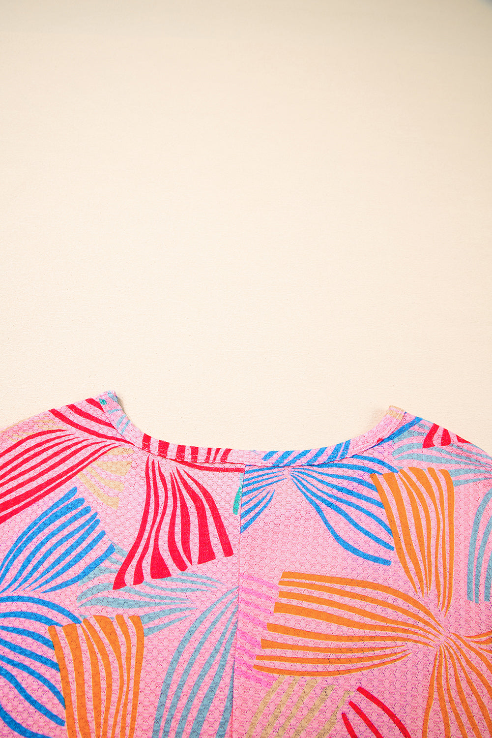 Pink Bowknot Printed Waffle Crewneck Loose Short Sleeve Top