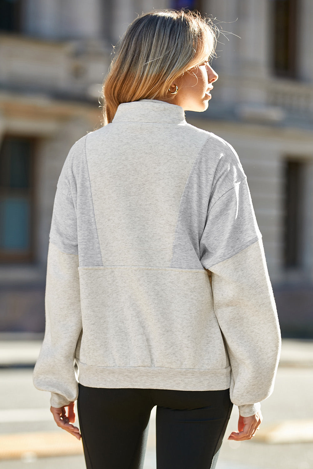 Gray Half Zip Stand Collar Exposed Seam Solid Color Casual Sweatshirt