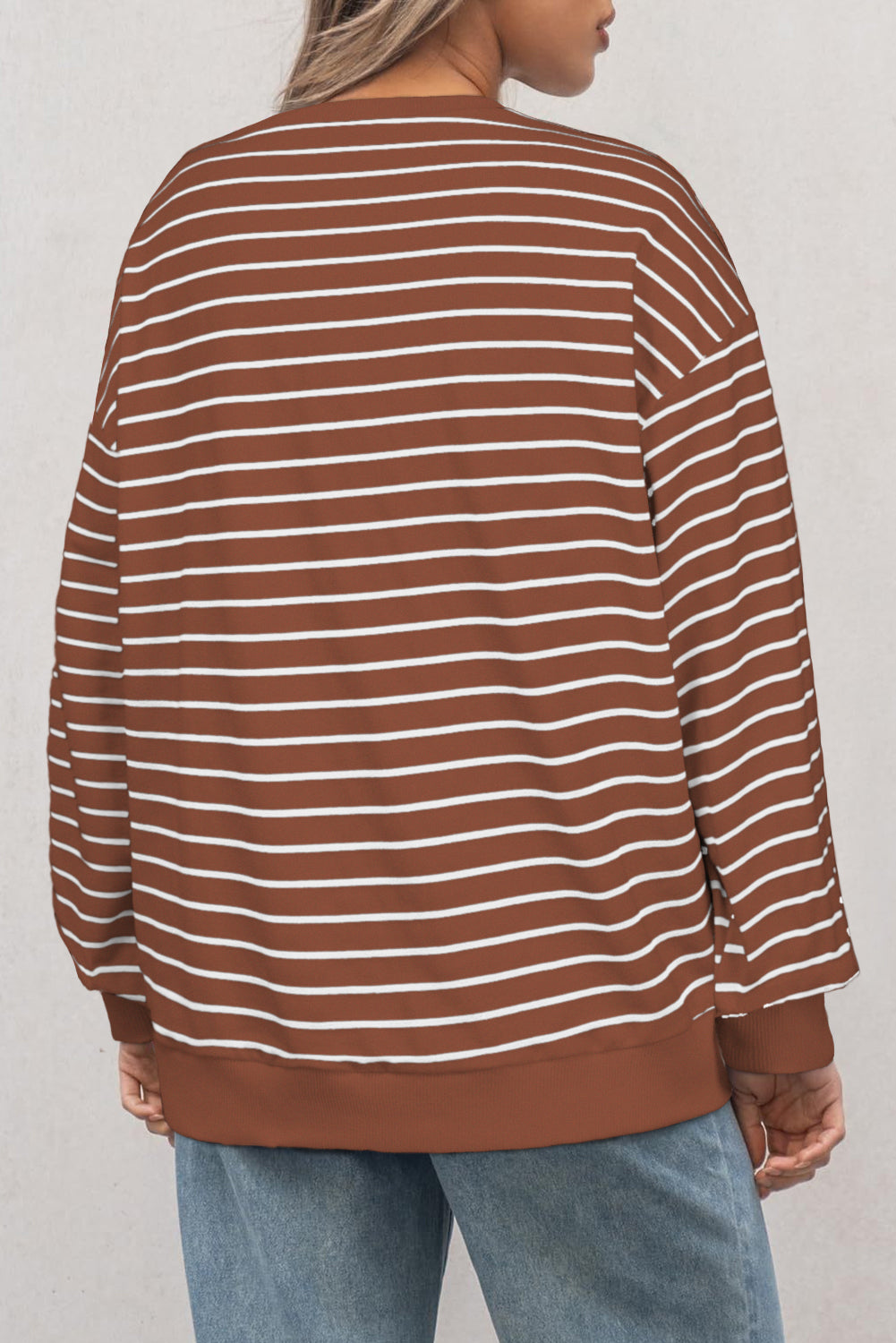 Coffee Striped Long Sleeve Round Neck Loose Top