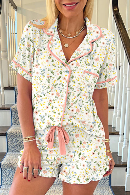 Pink Bow Print Contrast Pipping Short Pajamas Set