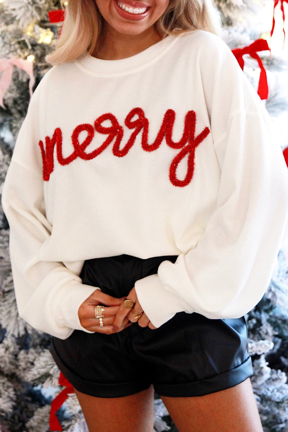 White Merry Tinsel Letter Embroidery Ribbed Drop Shoulder Sweatshirt