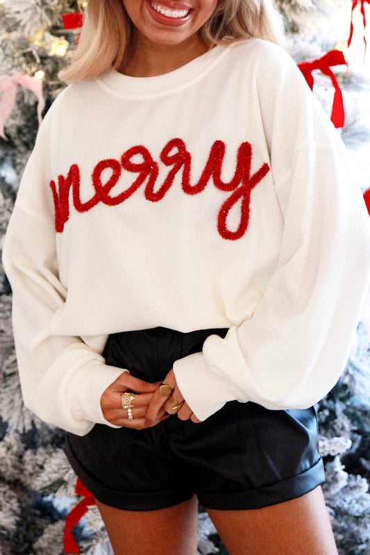 White Merry Tinsel Letter Embroidery Ribbed Drop Shoulder Sweatshirt