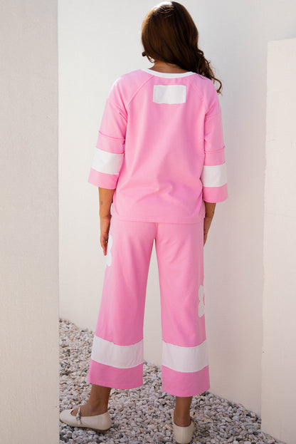 Orchid Bouquet Big Flower Patched Raw Seam Color Block 2 Piece Loose Pant Set