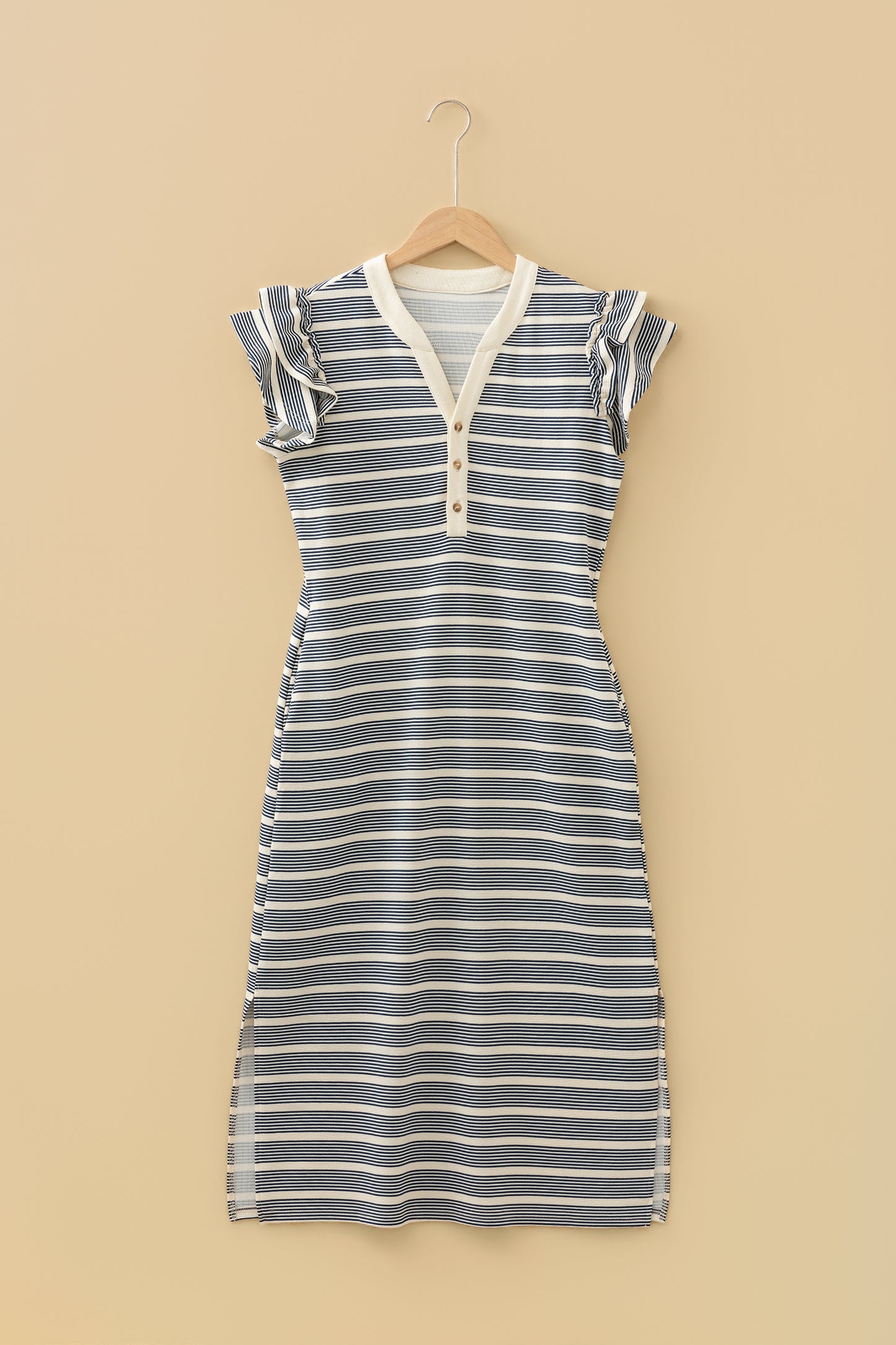 Blue Stripe Ruffled Short Sleeve Contrast Trim Button Notched Neck Midi Dress