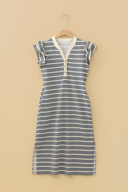 Blue Stripe Ruffled Short Sleeve Contrast Trim Button Notched Neck Midi Dress