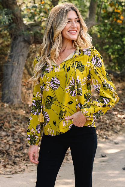 Yellow Vintage Floral V Neck Ruffle Trim Long Sleeve Blouse