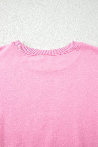 Pink Floral Bow Patched Exposed Seam Patchwork Slit Baggy Sweatshirt