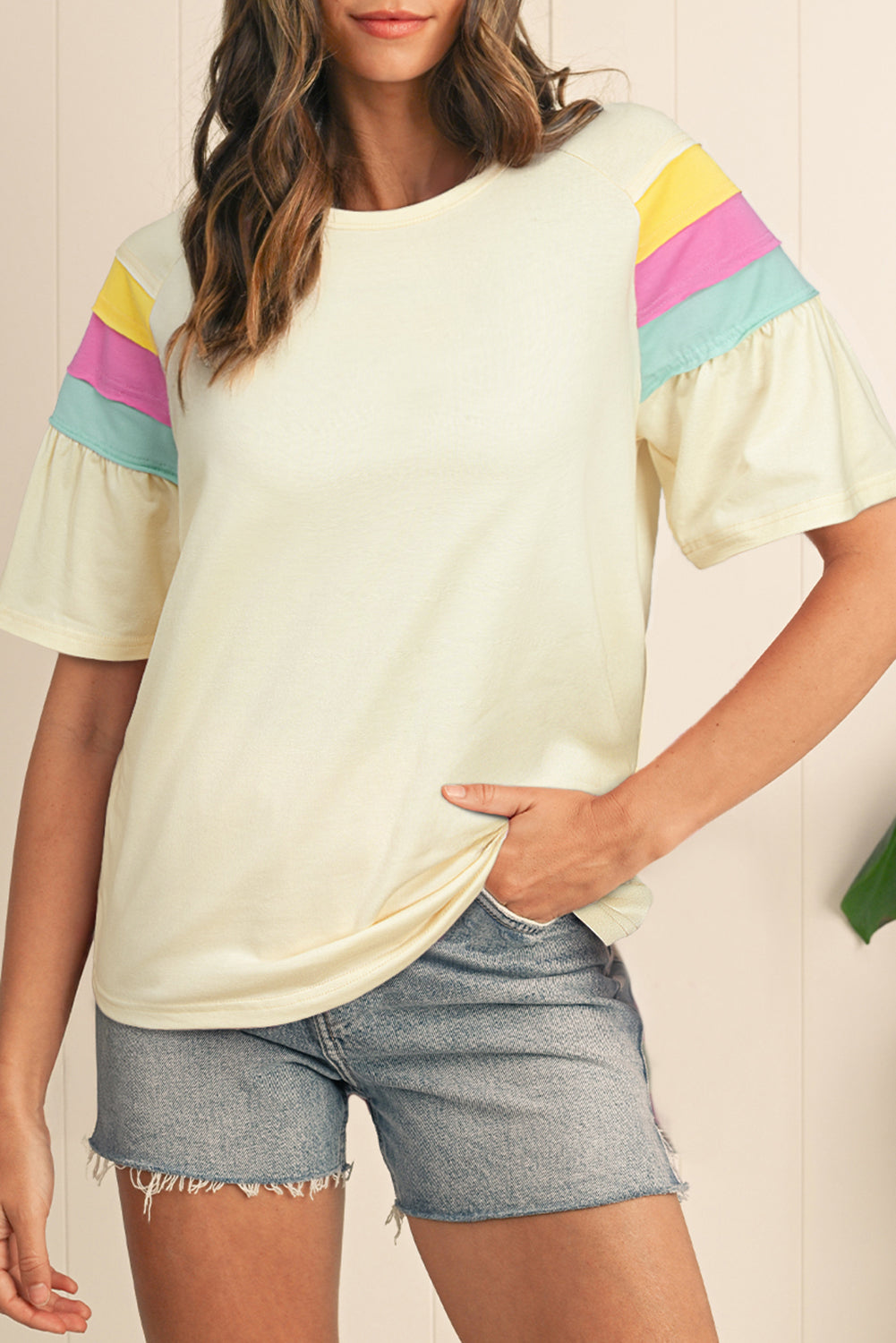 White Color Block Stitched Sleeve Loose T Shirt
