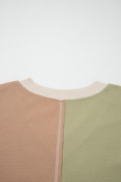 Green Plus Mixed Texture Color Block Patchwork V Neck Long Sleeve Top