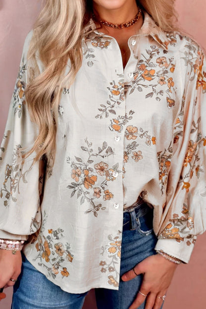 Apricot Floral Printed Silky Button Up Long Sleeve Shirt