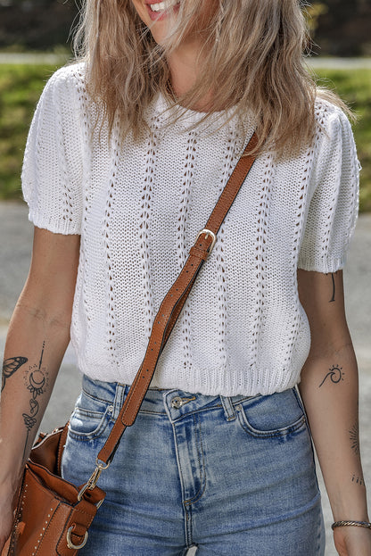 White Pointelle Knit Short Puff Sleeve Crewneck Sweater
