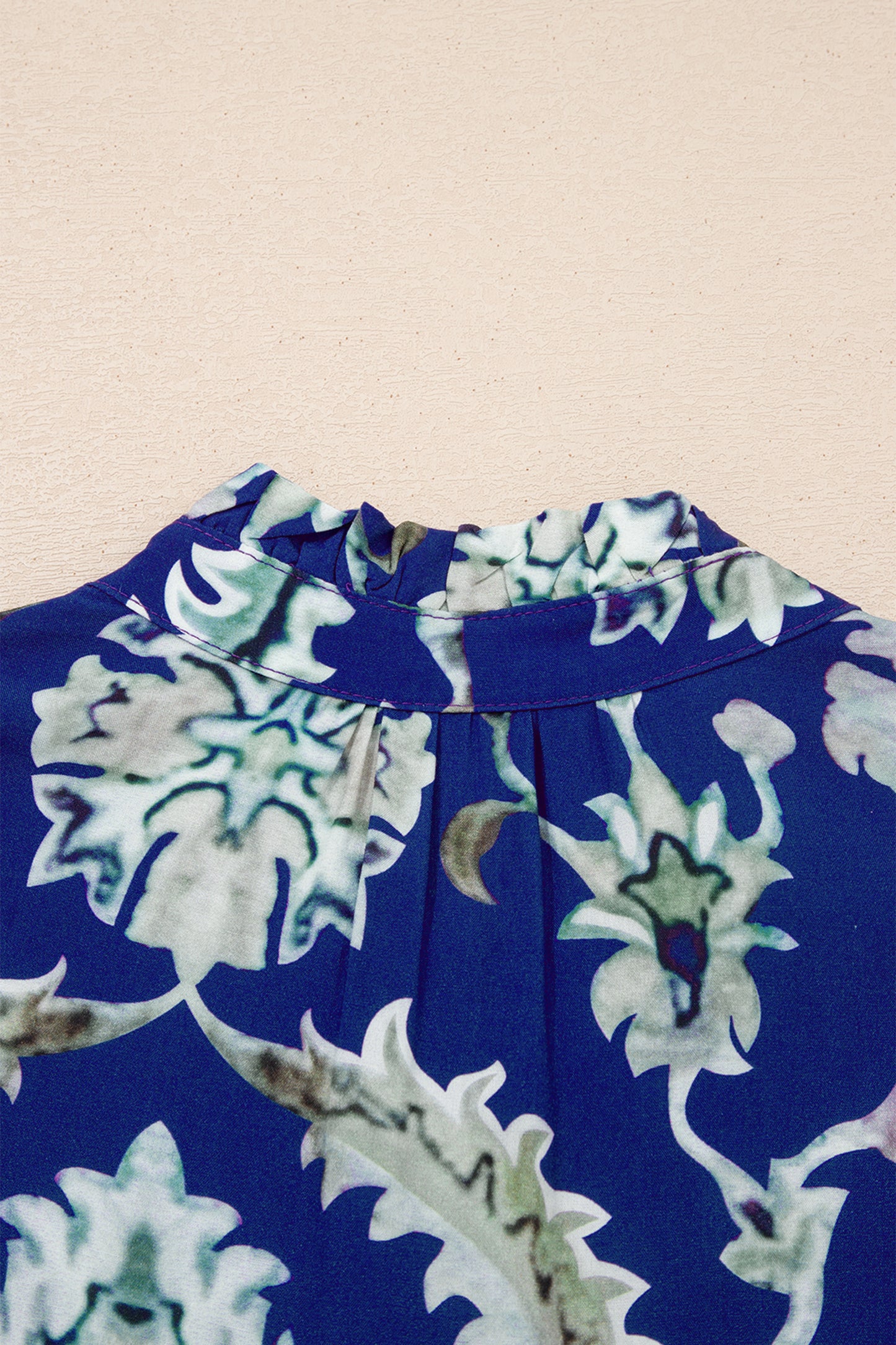 Blue Wild Floral Print Frilled Collar Half Sleeve Long Dress