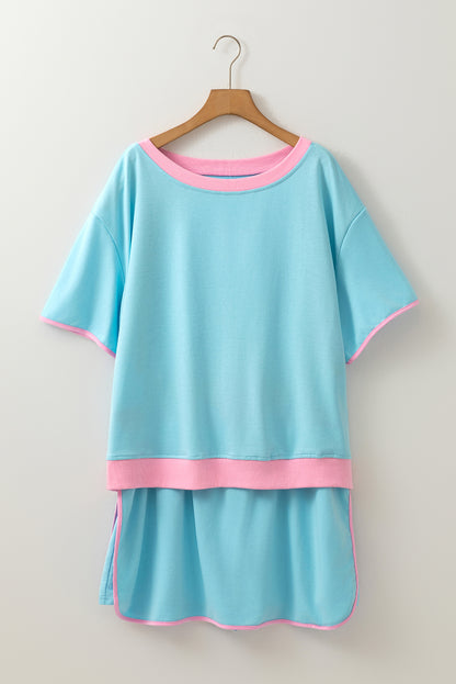 Bonbon Plus Size Contrast Trim T Shirt and Skirt Two Piece Set