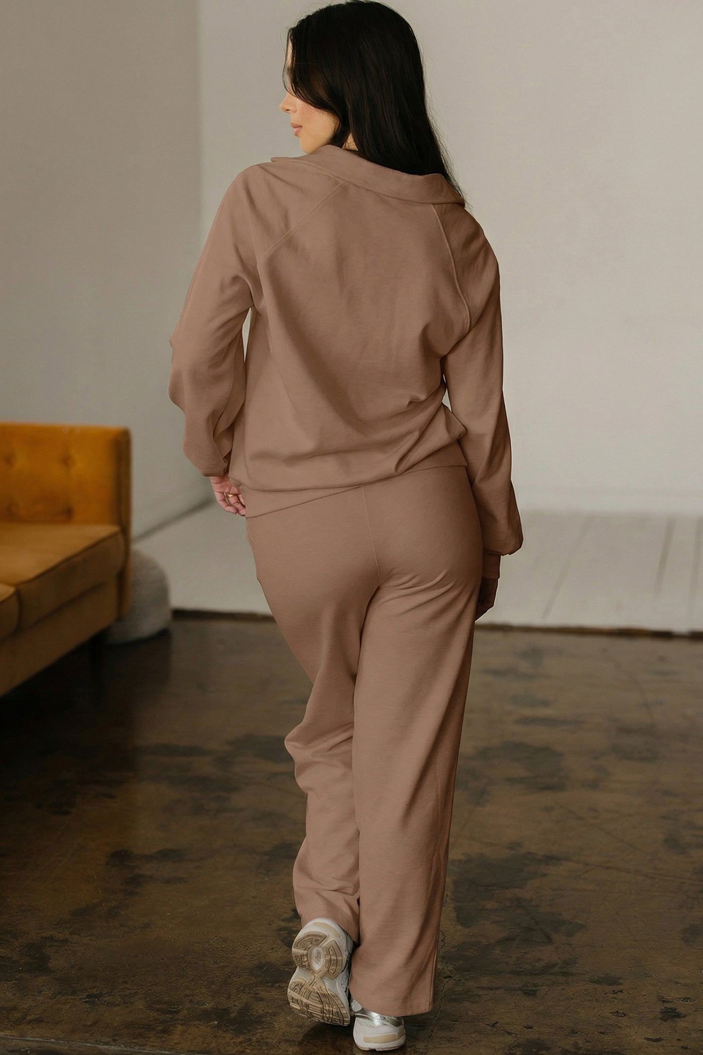 Light Grey Polo Collar V Neck Pullover and Drawstring Sweatpants Set