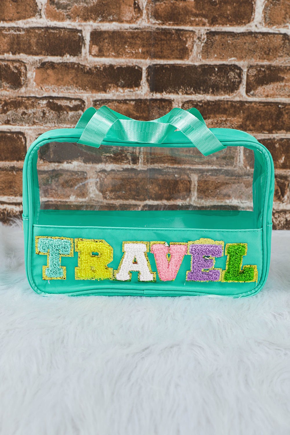Mint Green TRAVEL Chenille Letter Clear PVC Makeup Bag