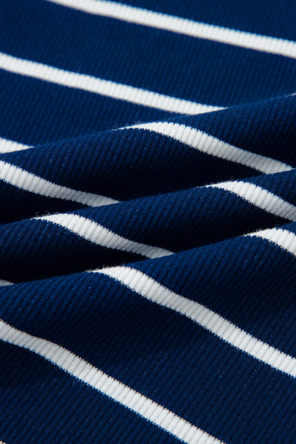 White Stripe Stand Collar V Neck Elastic Cuffs Half Sleeve Dolman Top