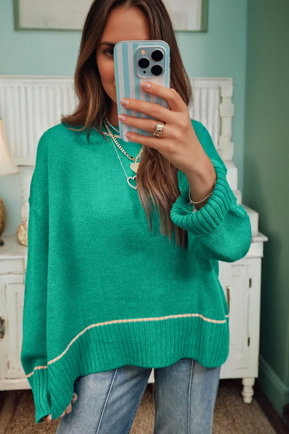 Sea Green Contrast Detail Drop Shoulder Baggy Sweater
