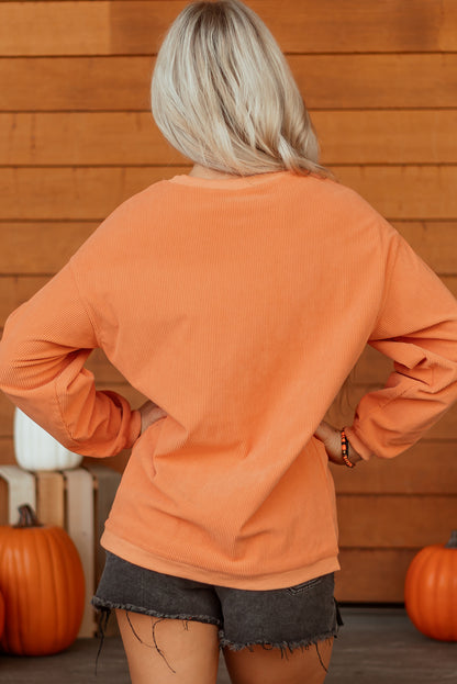 Orange Twisted Ribbed Texture Halloween Ghost Sequin Patched Sweatshirt