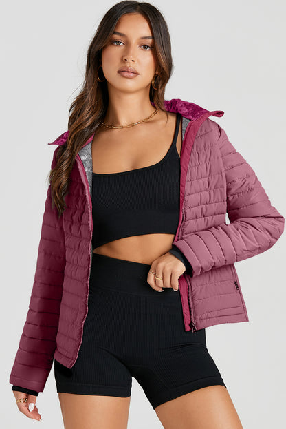Silvery Solid Color Quilted Zip-up Puffer Jacket
