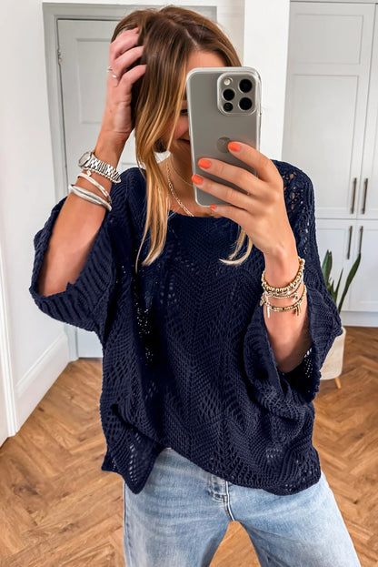 Seagrass Hollow Out Knit 7/8 Sleeve Casual Sweater