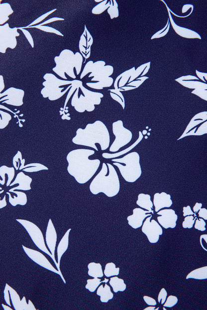 Blue Crossed Back Floral Print Asymmetric Knot Side One Piece Swimsuit